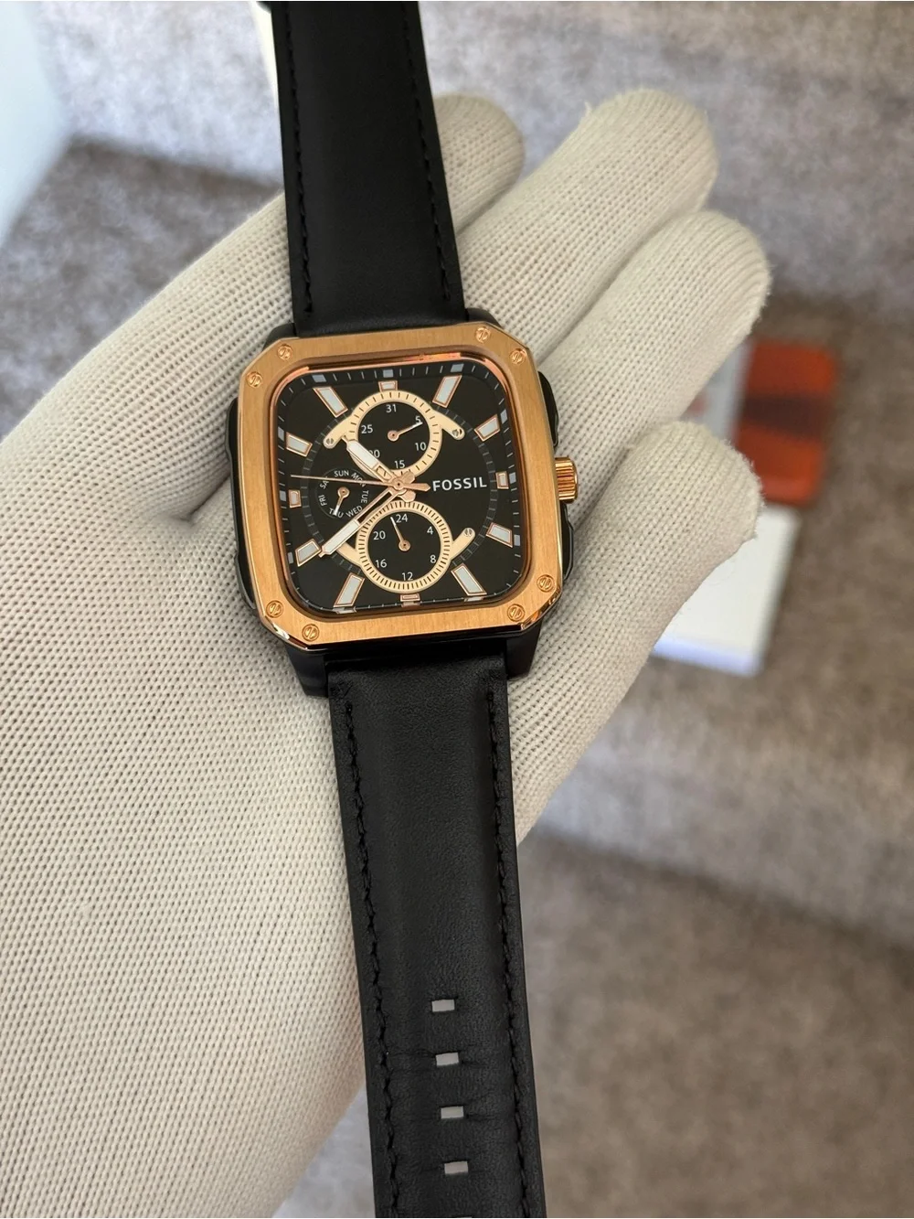 Fossil Black Leather Watch with Rose Gold-Tone Square Case Mens Watch